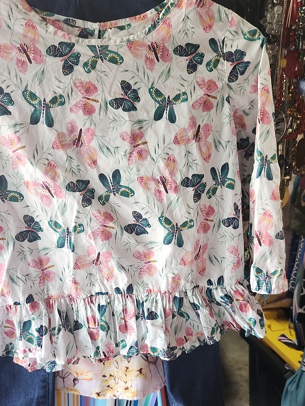 Gymboree White Butterfly Print Ruffle Hem Top with Pink and Teal Accents
